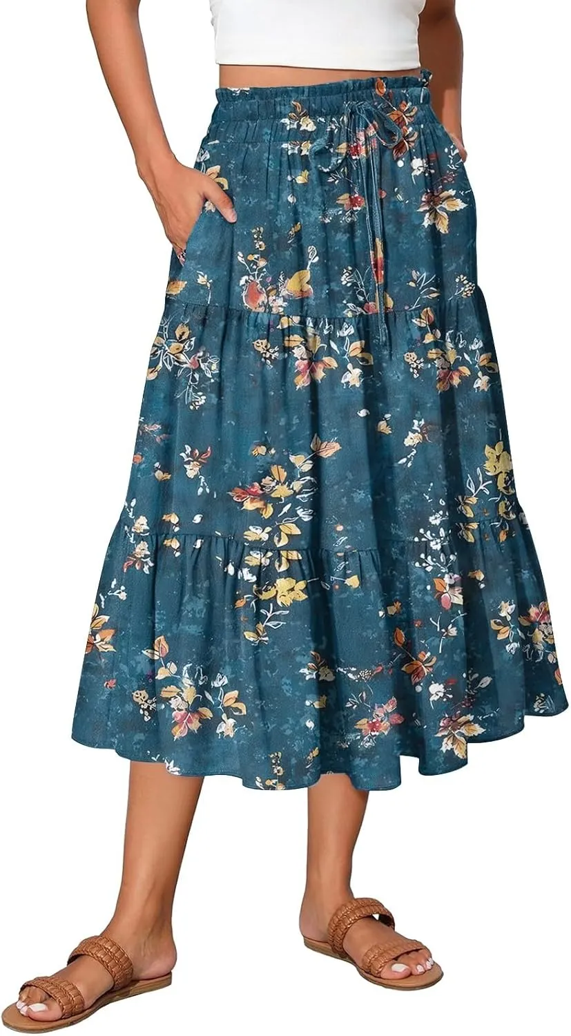 Midi Skirt for Women Summer Layered Tiered High Waisted Knee Length Skirt A Line Swing Floral Print Skirts with Pockets