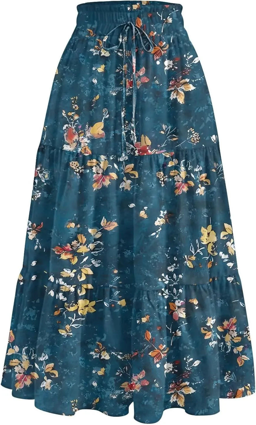 Midi Skirt for Women Summer Layered Tiered High Waisted Knee Length Skirt A Line Swing Floral Print Skirts with Pockets
