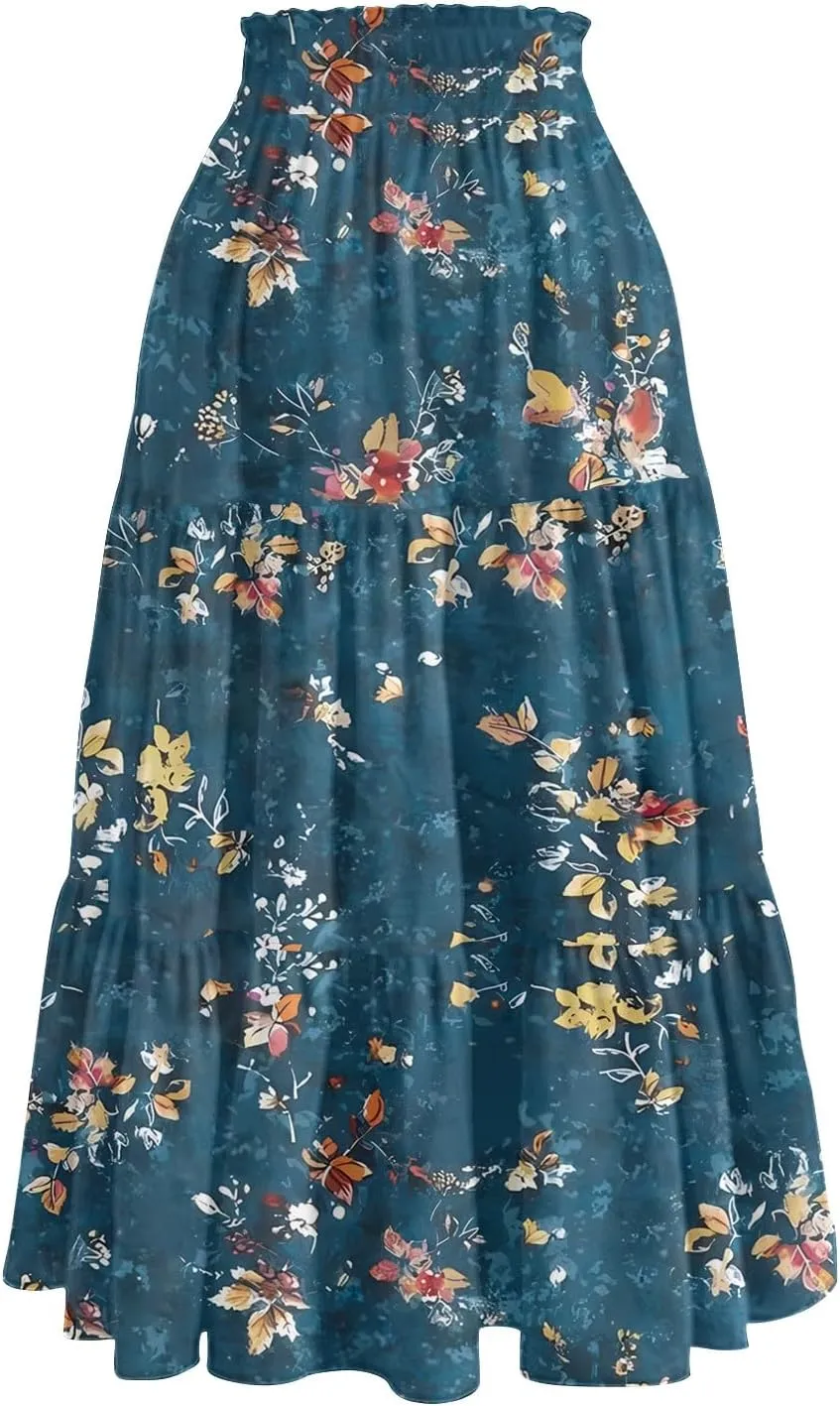 Midi Skirt for Women Summer Layered Tiered High Waisted Knee Length Skirt A Line Swing Floral Print Skirts with Pockets