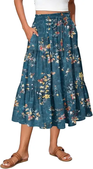 Midi Skirt for Women Summer Layered Tiered High Waisted Knee Length Skirt A Line Swing Floral Print Skirts with Pockets