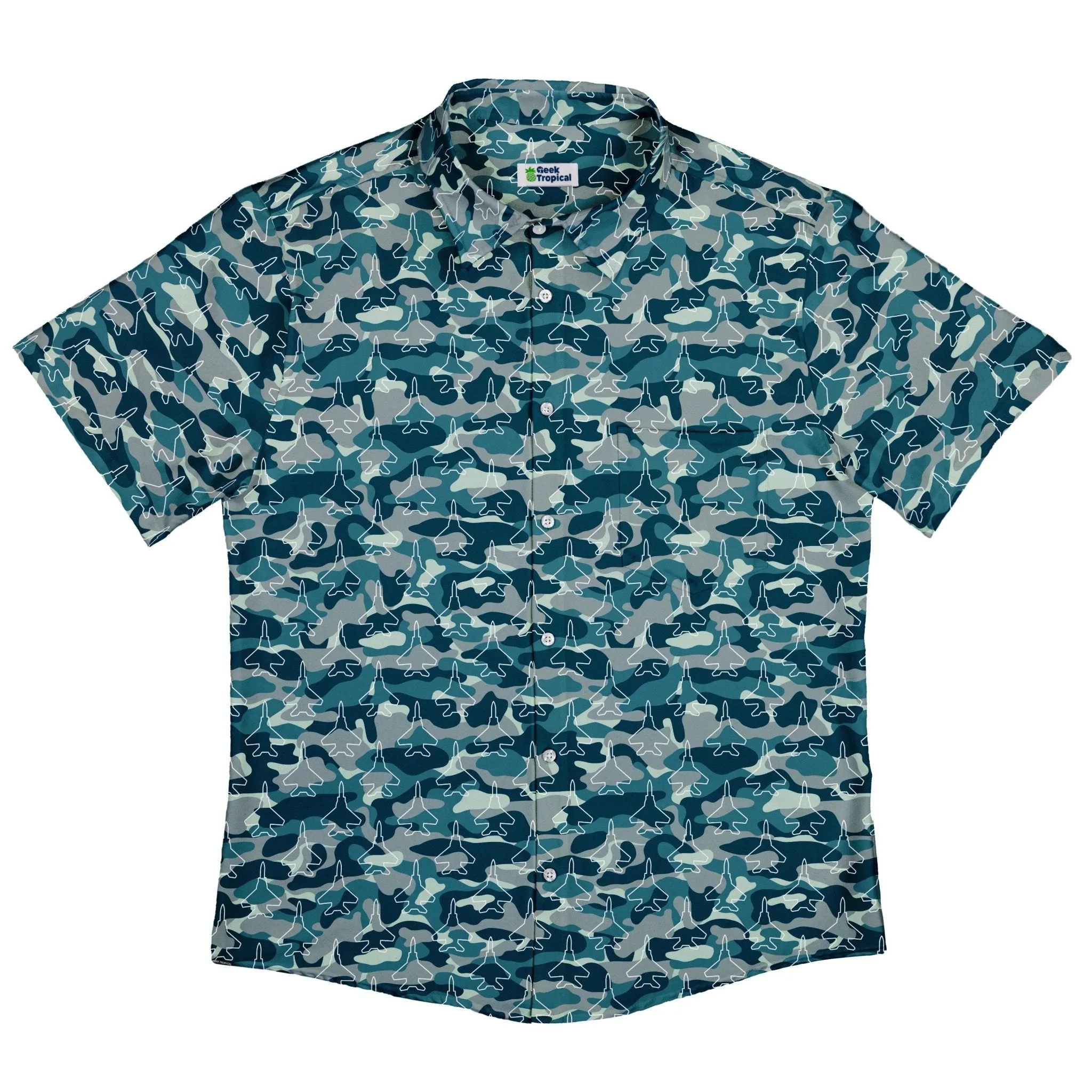 Military Fighter Jet Navy Camo Blue Button Up Shirt