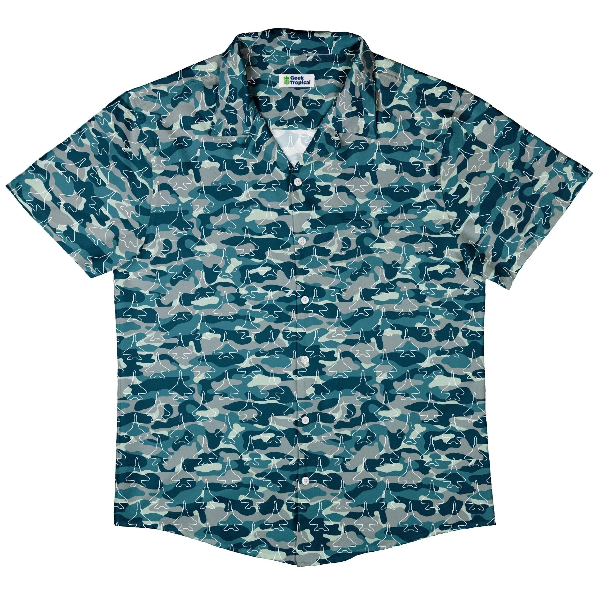 Military Fighter Jet Navy Camo Blue Button Up Shirt