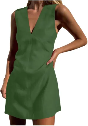 Mini Dresses for Women 2025 Fashion V Neck Sleeveless A Line Tank Dress Sundresses for Beach Vacation