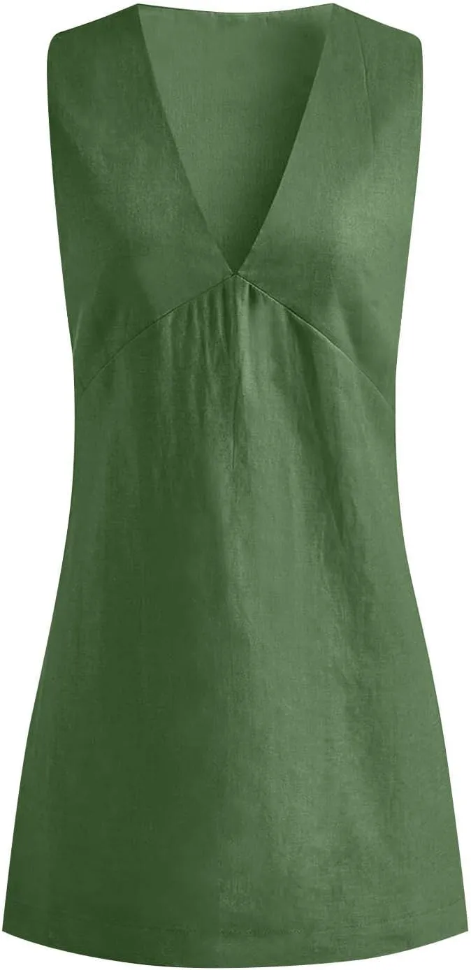 Mini Dresses for Women 2025 Fashion V Neck Sleeveless A Line Tank Dress Sundresses for Beach Vacation
