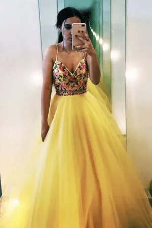 Promfast V Neck Spaghetti Straps Yellow Tulle A Line Prom Dresses with Floral Appliques PFP1844