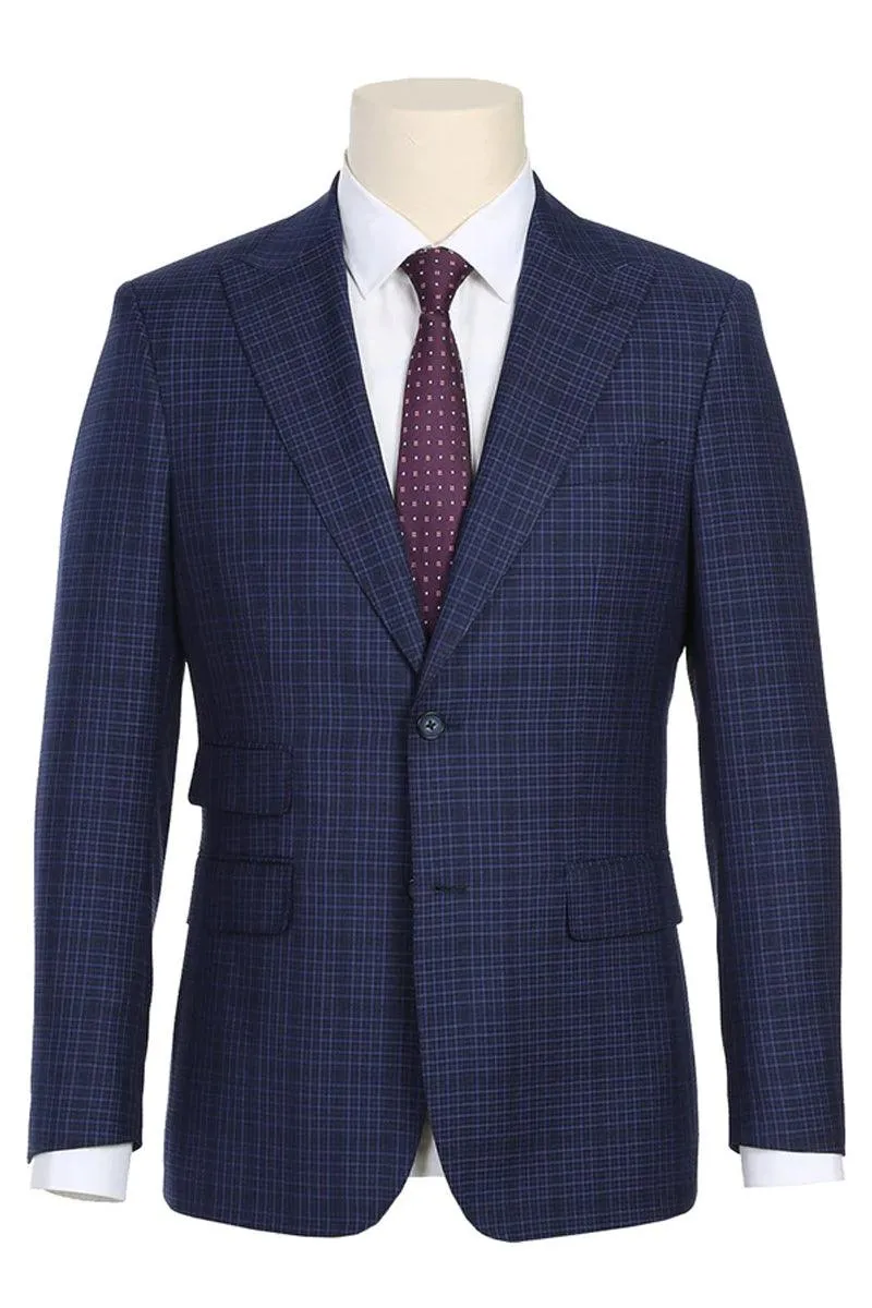 "Elegant Navy Tuxedo for Prom and Weddings: English Laundry's Slim Fit with Peak Lapel and Overcheck Plaid"