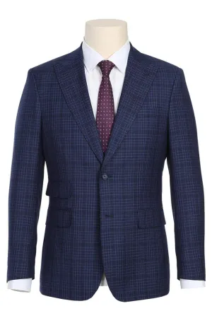 "Elegant Navy Tuxedo for Prom and Weddings: English Laundry's Slim Fit with Peak Lapel and Overcheck Plaid"