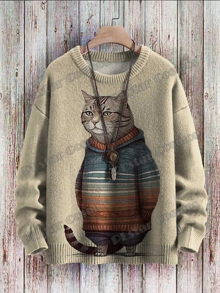 Retro Sunset & Cute Cat 3D Printed Crewneck Pullover – Unisex Knit Sweater for Men, Casual Winter Knitwear