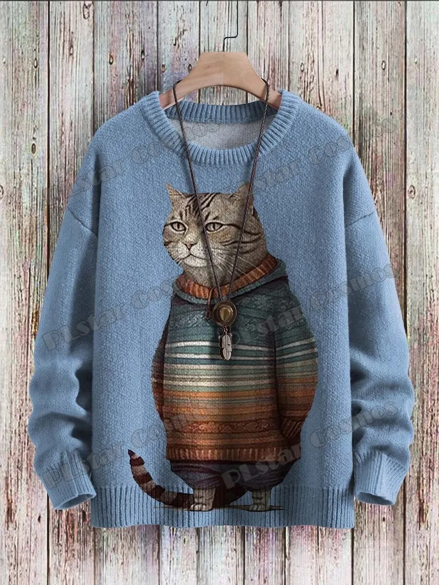 Retro Sunset & Cute Cat 3D Printed Crewneck Pullover – Unisex Knit Sweater for Men, Casual Winter Knitwear