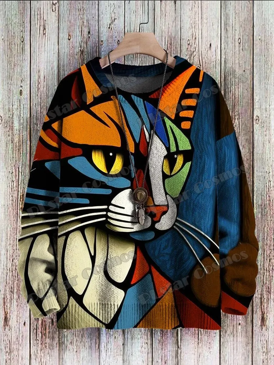 Retro Sunset & Cute Cat 3D Printed Crewneck Pullover – Unisex Knit Sweater for Men, Casual Winter Knitwear