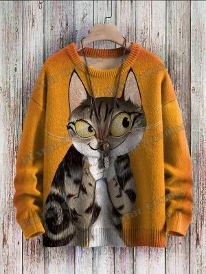 Retro Sunset & Cute Cat 3D Printed Crewneck Pullover – Unisex Knit Sweater for Men, Casual Winter Knitwear