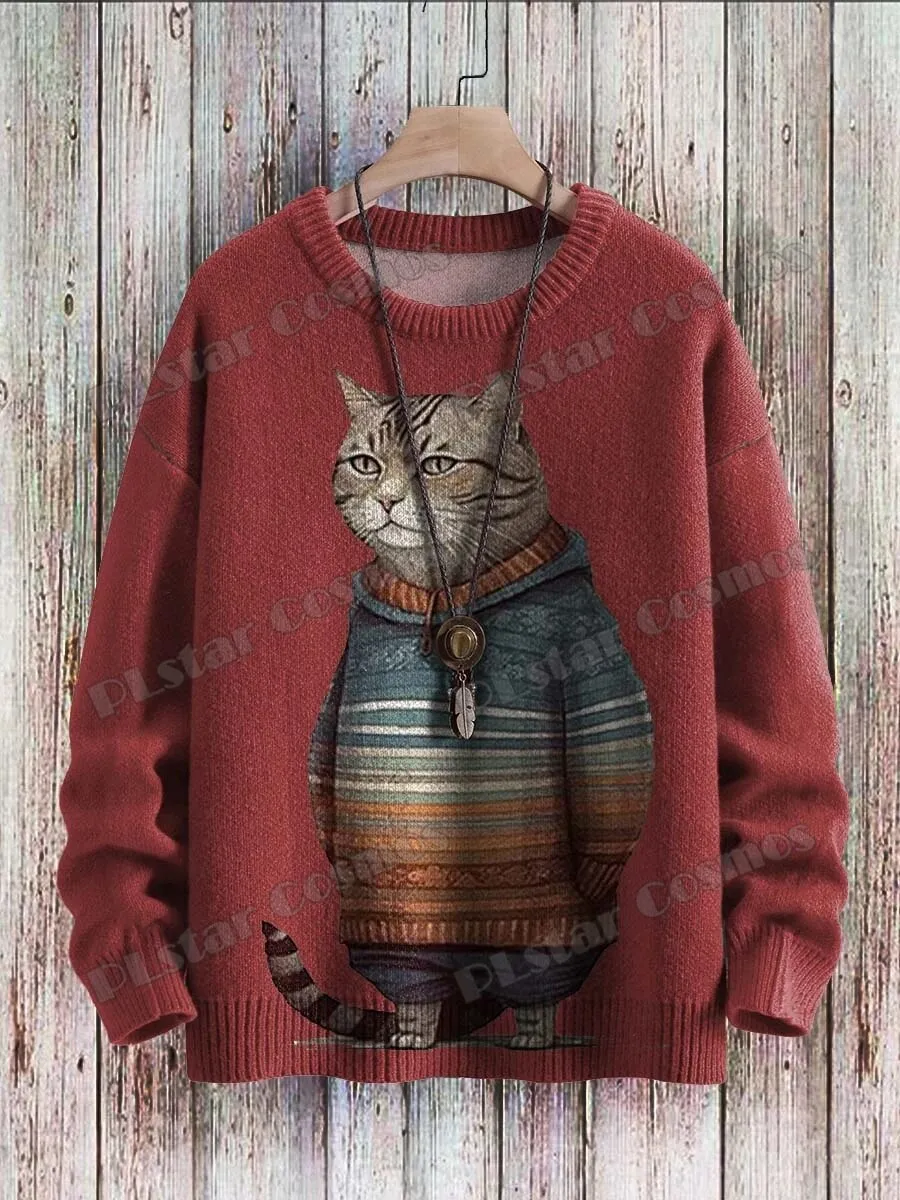 Retro Sunset & Cute Cat 3D Printed Crewneck Pullover – Unisex Knit Sweater for Men, Casual Winter Knitwear