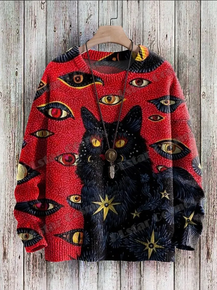 Retro Sunset & Cute Cat 3D Printed Crewneck Pullover – Unisex Knit Sweater for Men, Casual Winter Knitwear