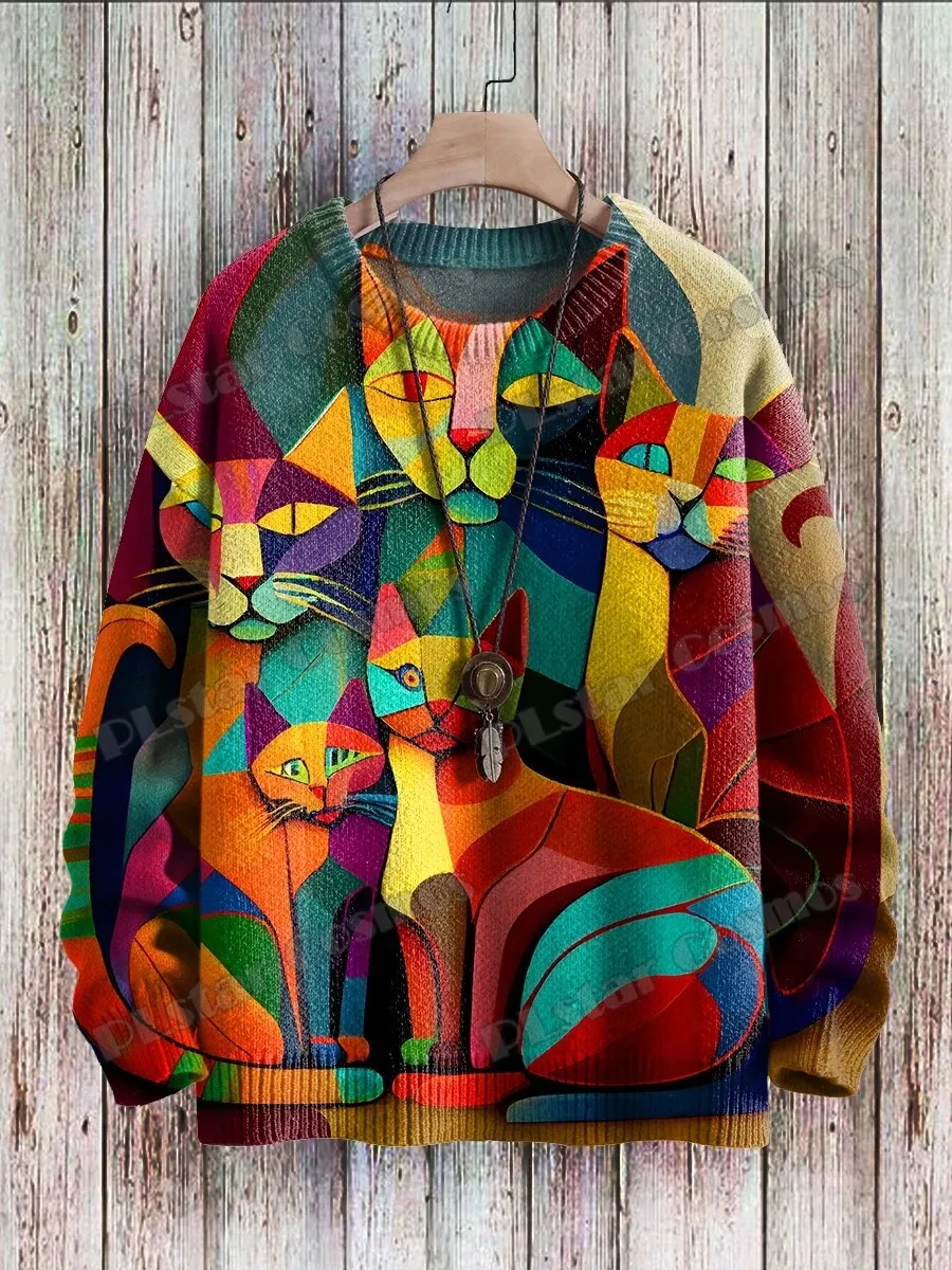 Retro Sunset & Cute Cat 3D Printed Crewneck Pullover – Unisex Knit Sweater for Men, Casual Winter Knitwear