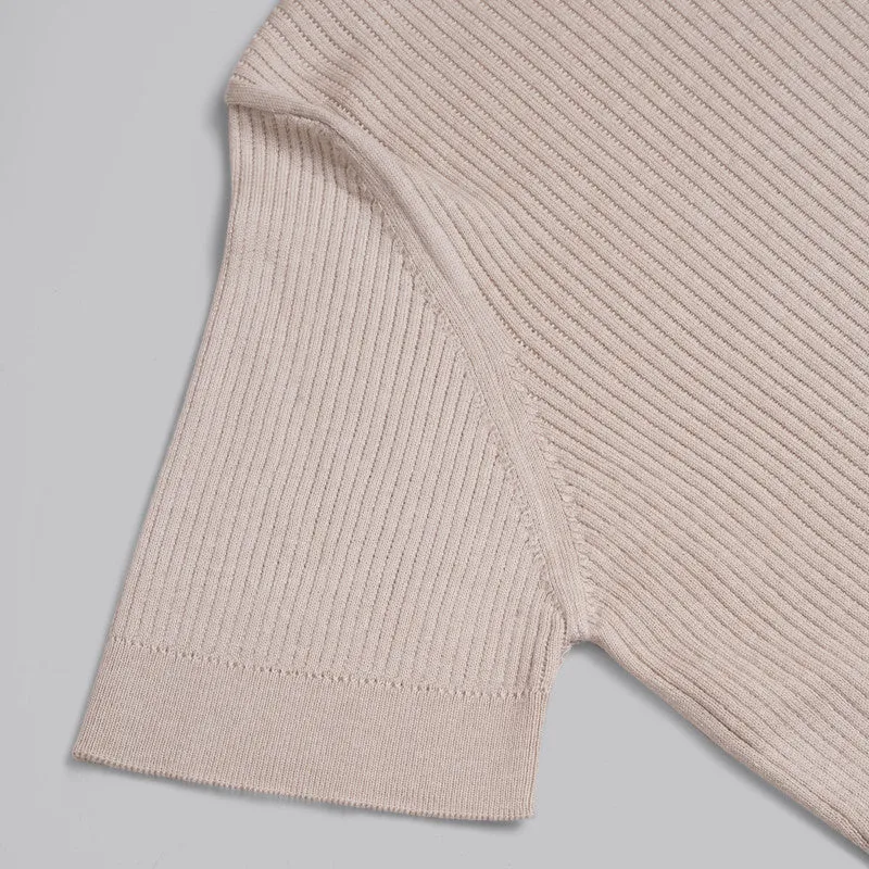 Ribbed Knit Round Neck T-shirt - BEIGE