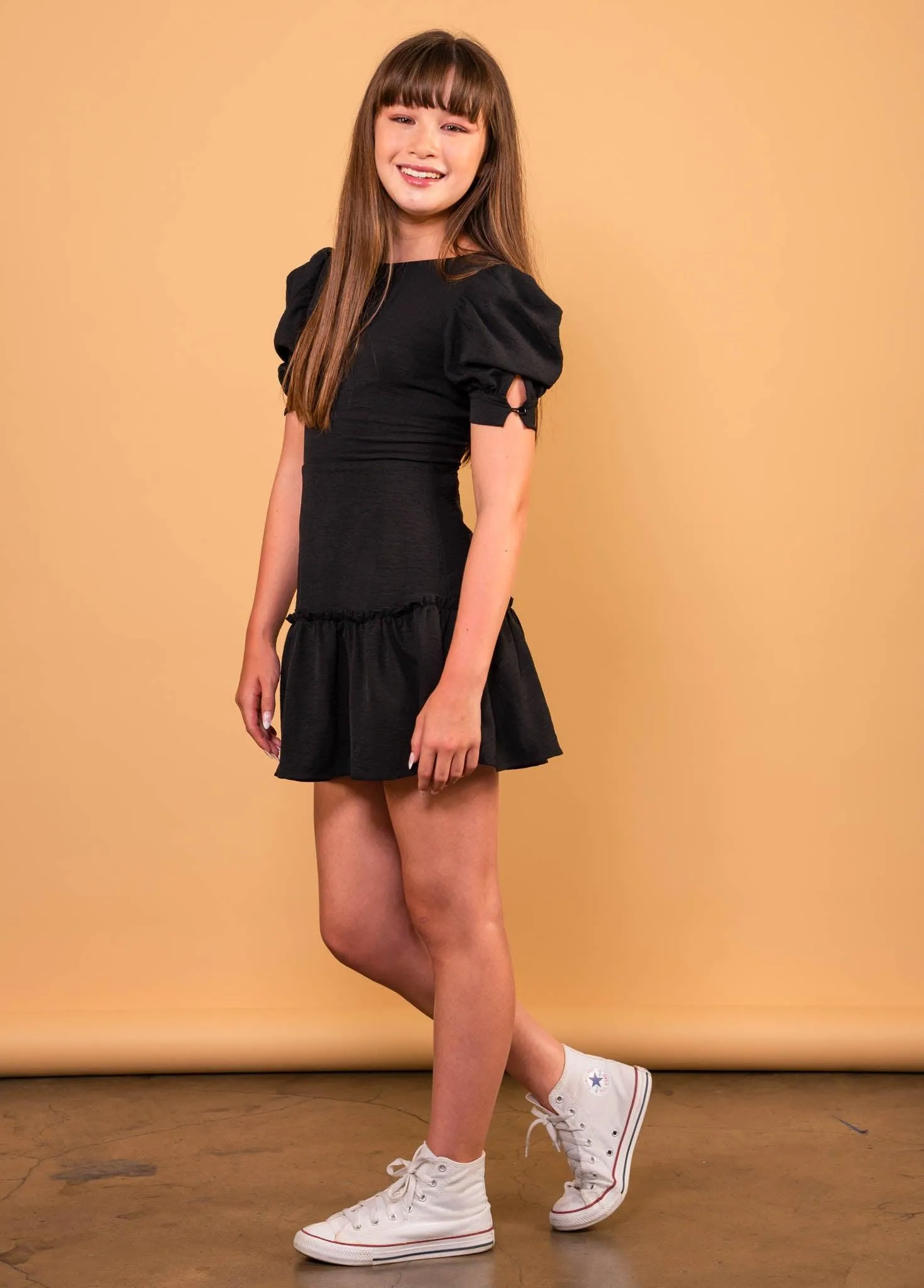 RITA Puff Sleeves Tie Back Ruffle Dress
