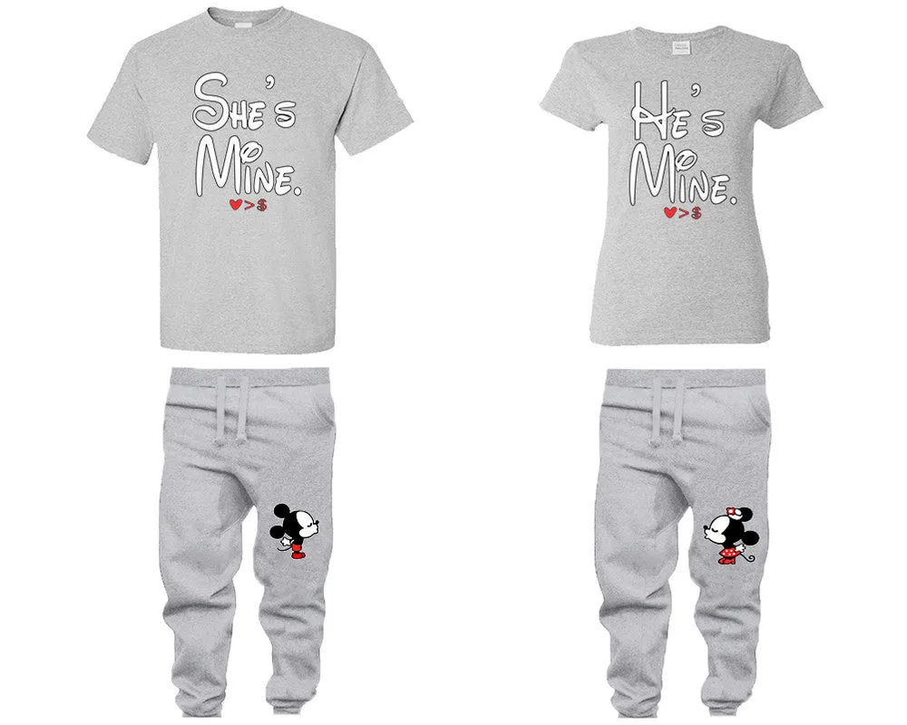 She's Mine & He's Mine Couple Matching T-Shirts & Jogger Pants – 4-Piece Set: Men’s and Women’s Styles Sold Separately