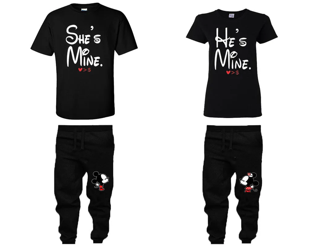 She's Mine & He's Mine Couple Matching T-Shirts & Jogger Pants – 4-Piece Set: Men’s and Women’s Styles Sold Separately