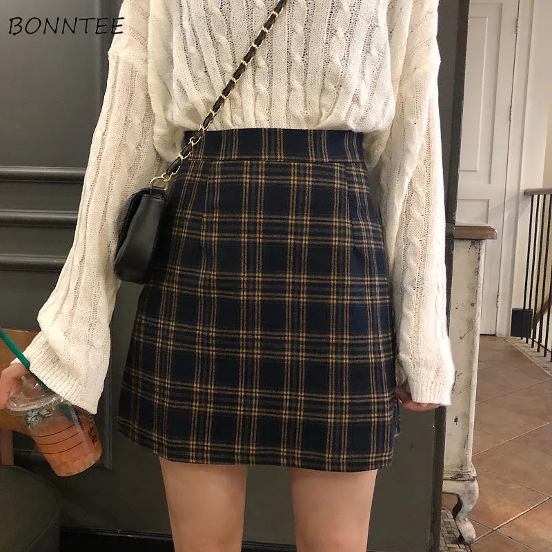 Skirts Women Retro Plaid Summer Mini Skirt A line Ulzzang High Waist