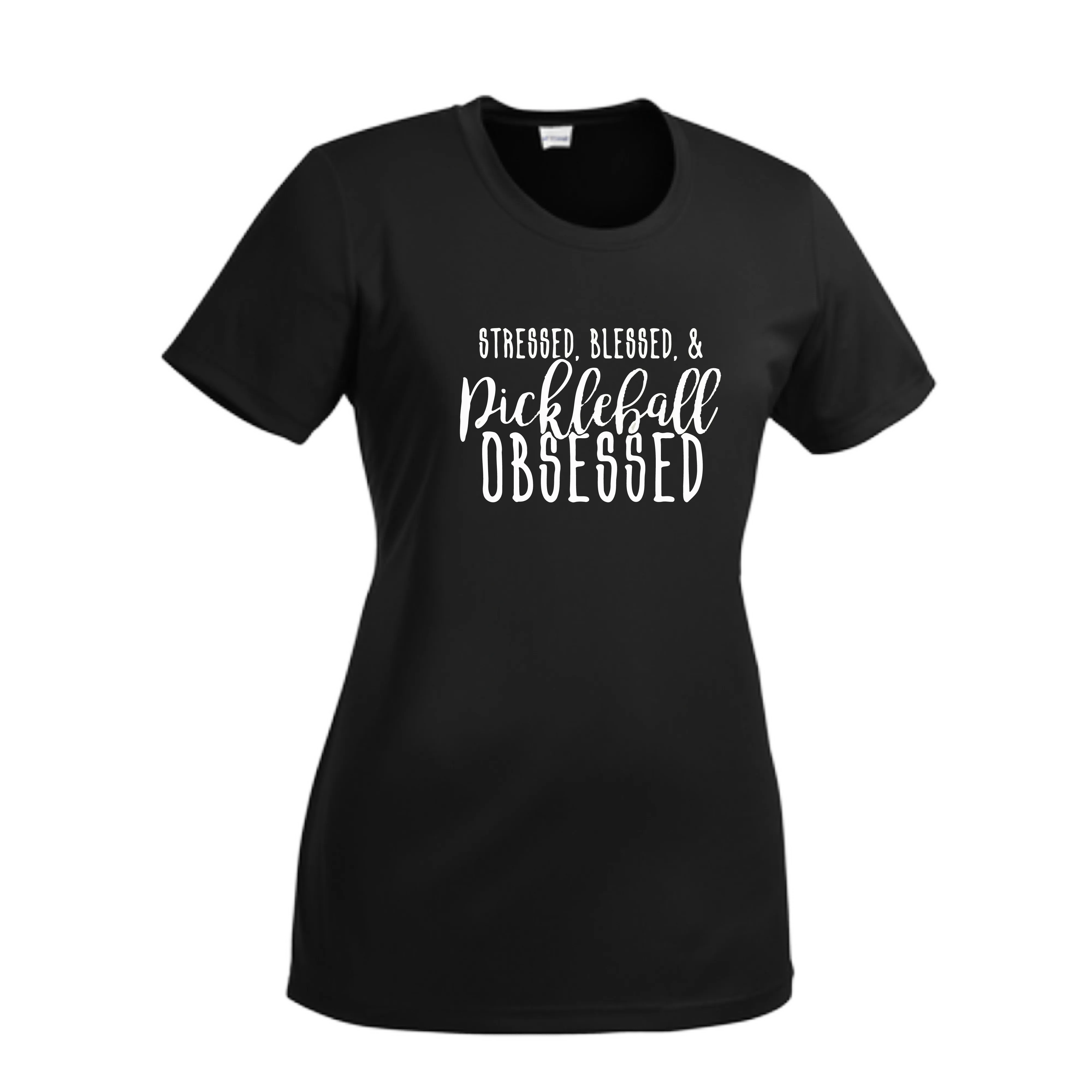 Stressed Blessed & Pickleball Obsessed | Women’s Short Sleeve Crewneck Pickleball Shirts | 100% Polyester