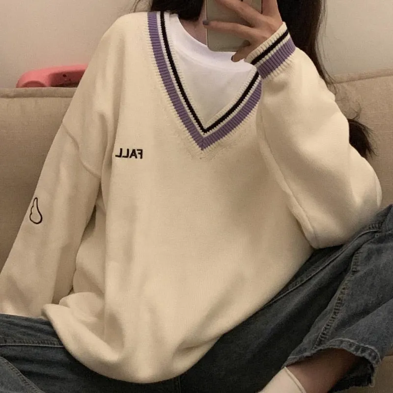 Sweaters Women Ulzzang Letter Chic Vintage V-neck Daily Oversize