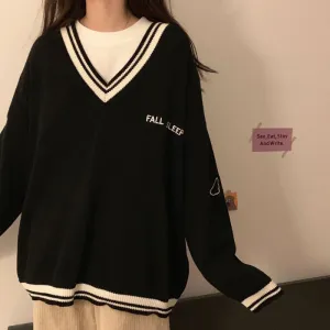 Sweaters Women Ulzzang Letter Chic Vintage V-neck Daily Oversize