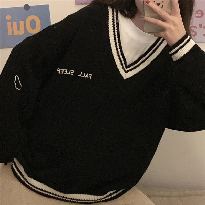 Sweaters Women Ulzzang Letter Chic Vintage V-neck Daily Oversize
