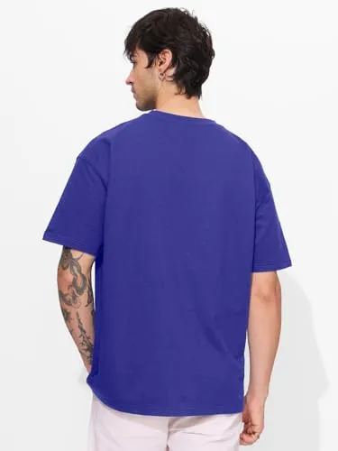 The Souled Store Solids: Electric Blue Men and Boys Short Sleeves Round Neck Cotton Oversized T-Shirts