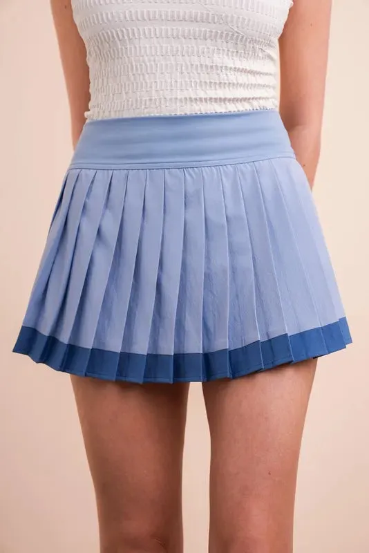 VERY J Two Tone Pleated Activewear Mini Skirt with Shorts In Sky