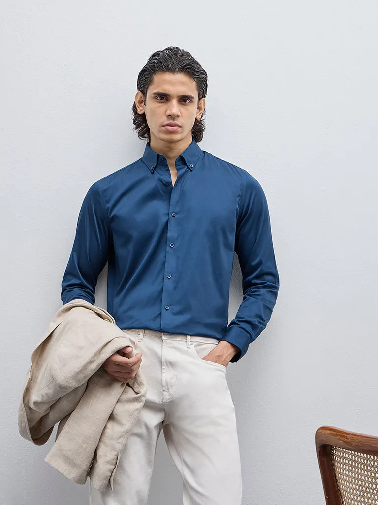 WES Formals Teal Slim-Fit Cotton-Blend Shirt