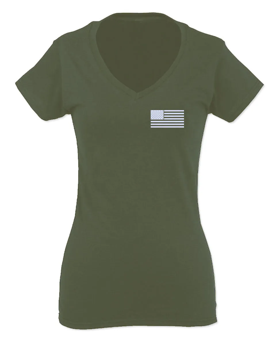 White Vintage American Flag United States America Marine USA For Women V neck fitted T Shirt