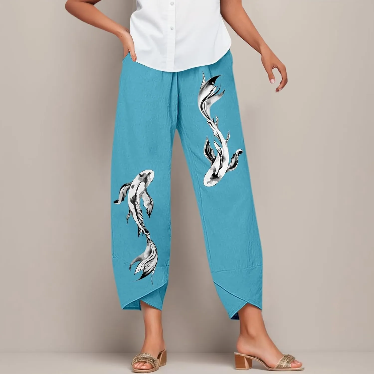 Women Linen Pants Casual Summer Loose Solid Color Boho Plus Size High Waist Linen Pants Work Lounge Trousers with Pockets