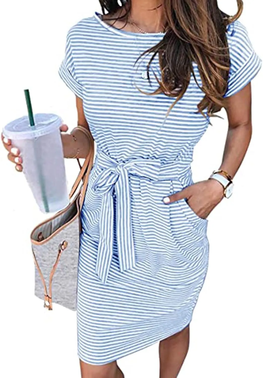 Women Summer Striped T Shirt Dress Short Sleeve Crewneck Tie Waist Midi Dress Casual Vacation Beach Sundress with Pockets