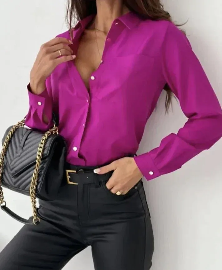 Womens Button-Down Shirt  Tailored Fit  Cotton Blend  Long Sleeve  Classic Collar
