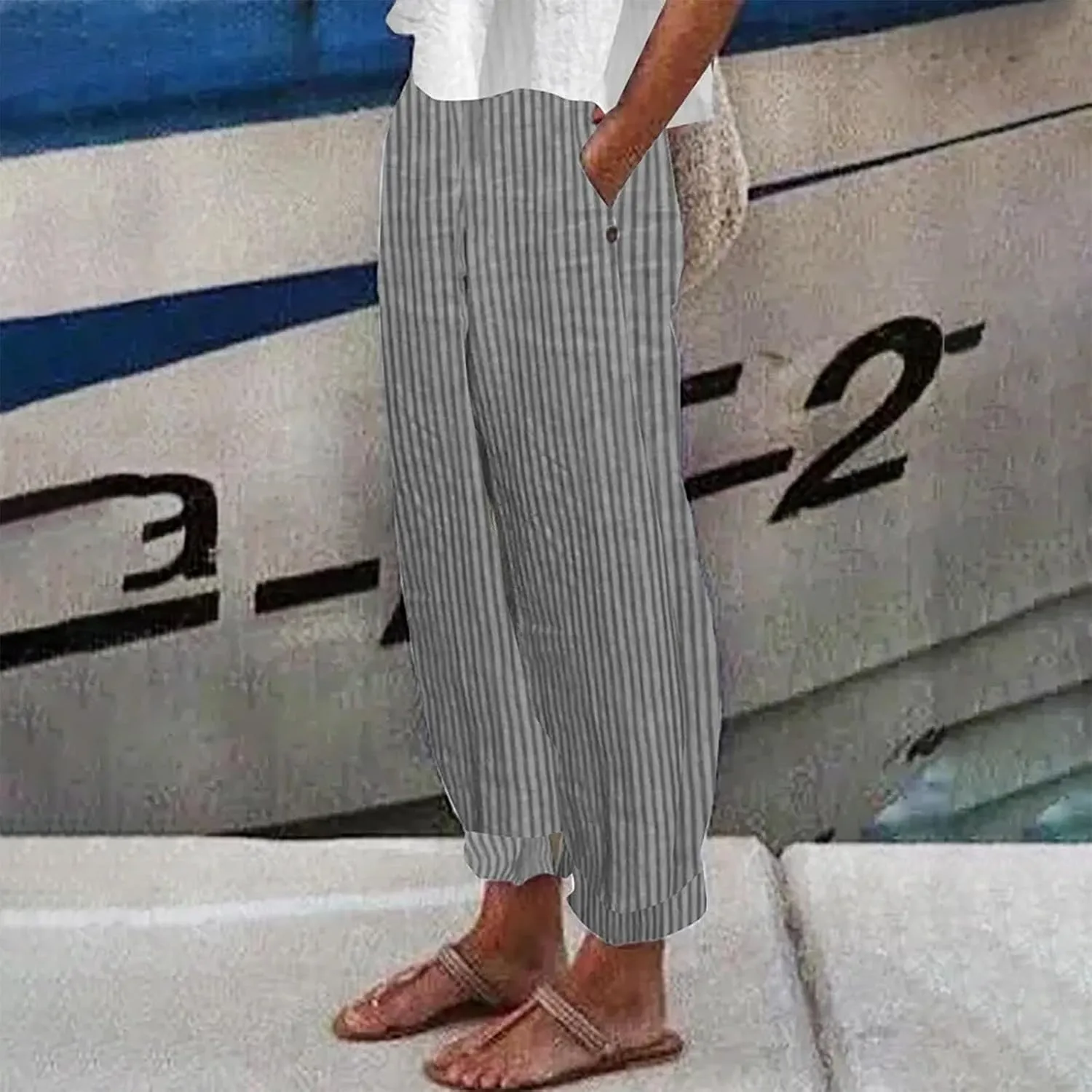 Women's Linen Pants Baggy Casual Summer Solid Color Boho Plus Size High Waist Linen Pants 2025 Work Trousers with Pockets