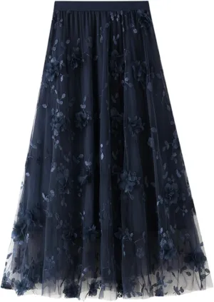 Women's Midi Tulle Skirt Elastic Waist Plus Size Mesh Formal Prom Party Tutu Skirt A Line Long Skirt