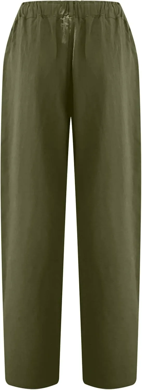 Women's Straight Leg Linen Pants with Pockets Casual Beach Button High Elastic Waist Lounge Trousers Summer Bottoms