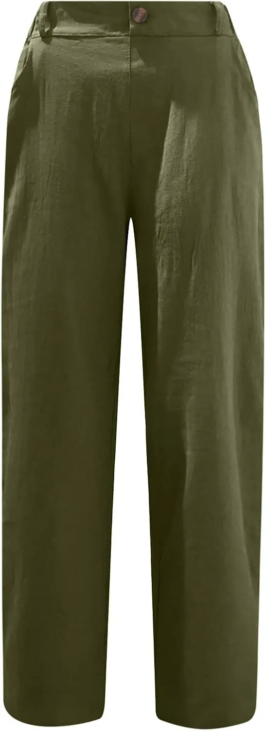 Women's Straight Leg Linen Pants with Pockets Casual Beach Button High Elastic Waist Lounge Trousers Summer Bottoms