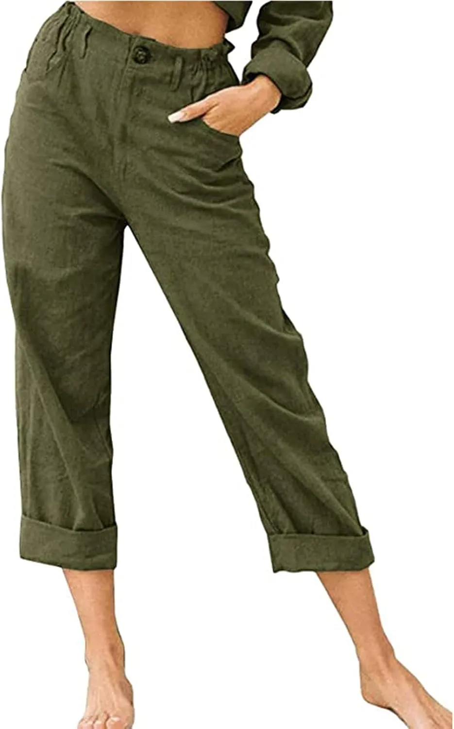 Women's Straight Leg Linen Pants with Pockets Casual Beach Button High Elastic Waist Lounge Trousers Summer Bottoms