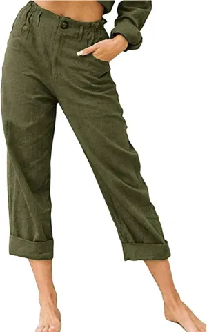 Women's Straight Leg Linen Pants with Pockets Casual Beach Button High Elastic Waist Lounge Trousers Summer Bottoms