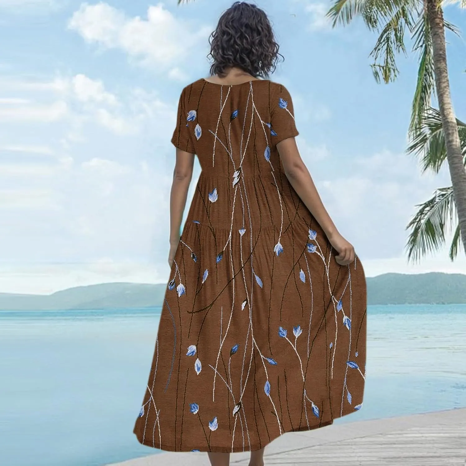 Womens Summer Dresses Plus Size Short Sleeve Round Neck Boho Floral Print Ruffle A-Line Flowy Tiered Maxi Dress