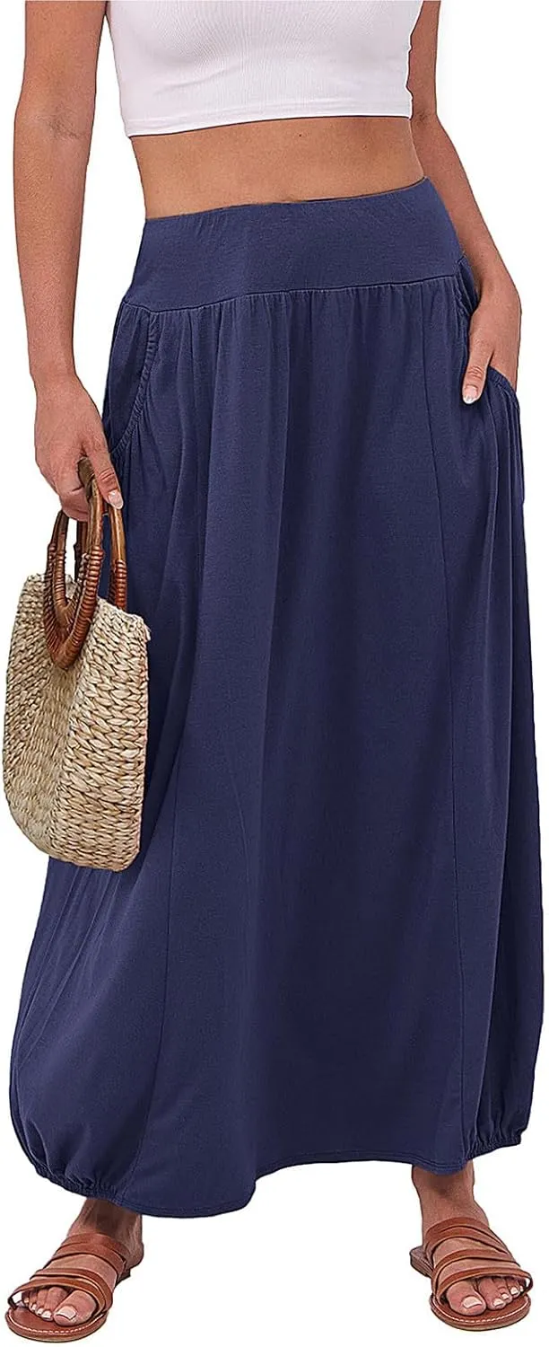 Womens Summer Long Maxi Skirt Solid A Line Pleated Elastic Waist Skirts 2025 Trendy Casual Beach Skorts with Pockets