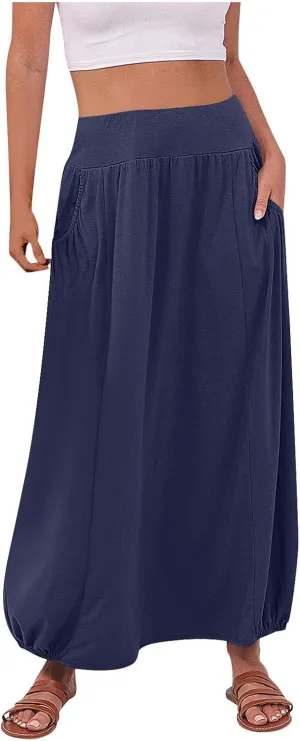 Womens Summer Long Maxi Skirt Solid A Line Pleated Elastic Waist Skirts 2025 Trendy Casual Beach Skorts with Pockets