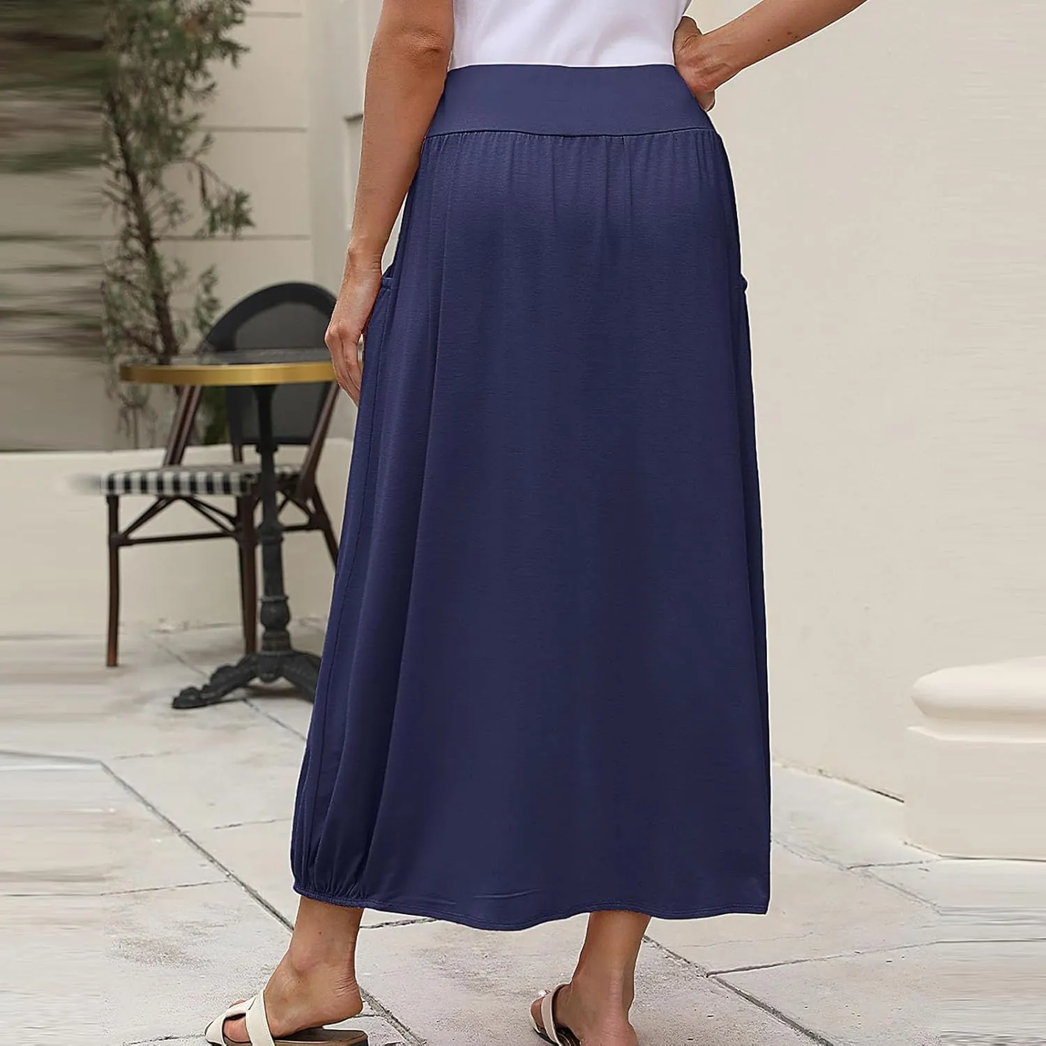 Womens Summer Long Maxi Skirt Solid A Line Pleated Elastic Waist Skirts 2025 Trendy Casual Beach Skorts with Pockets