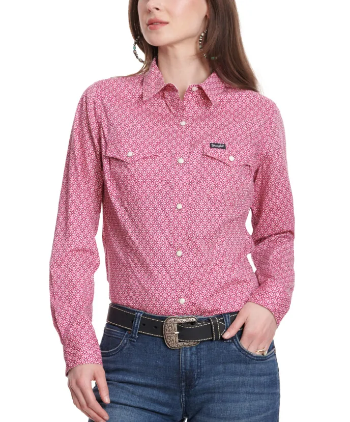 WRANGLER LADIES LONG SLEEVE DARK PINK AND WHITE WESTERN SNAP TOP STYLE 112345407(Copy)